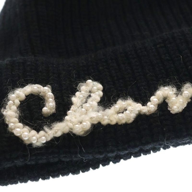 Chanel Beads Logo Cashmere Knit Hat Beanie Black White