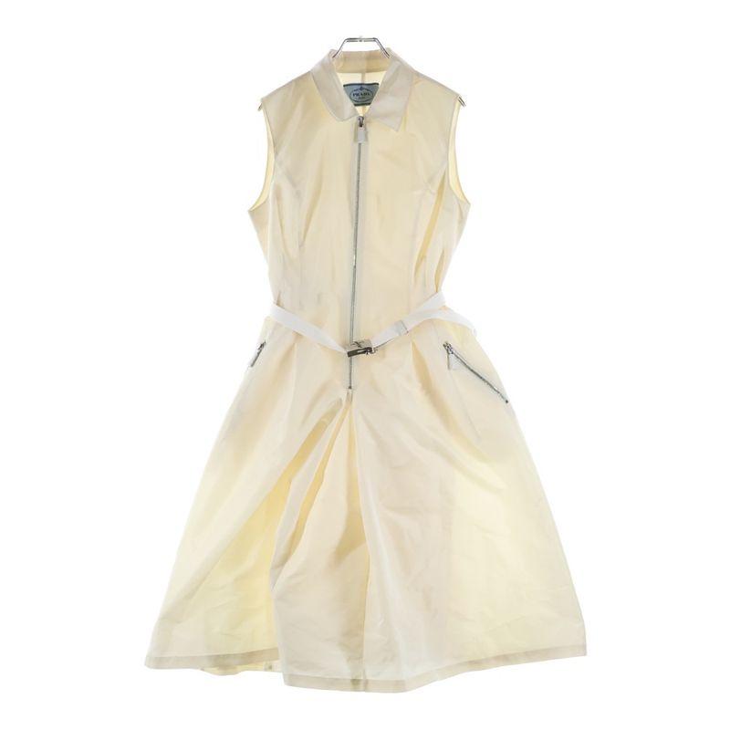 Prada Logo Belt Nylon Half Zip Sleeveless Long Dress Ivory
