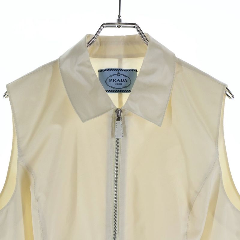 Prada Logo Belt Nylon Half Zip Sleeveless Long Dress Ivory