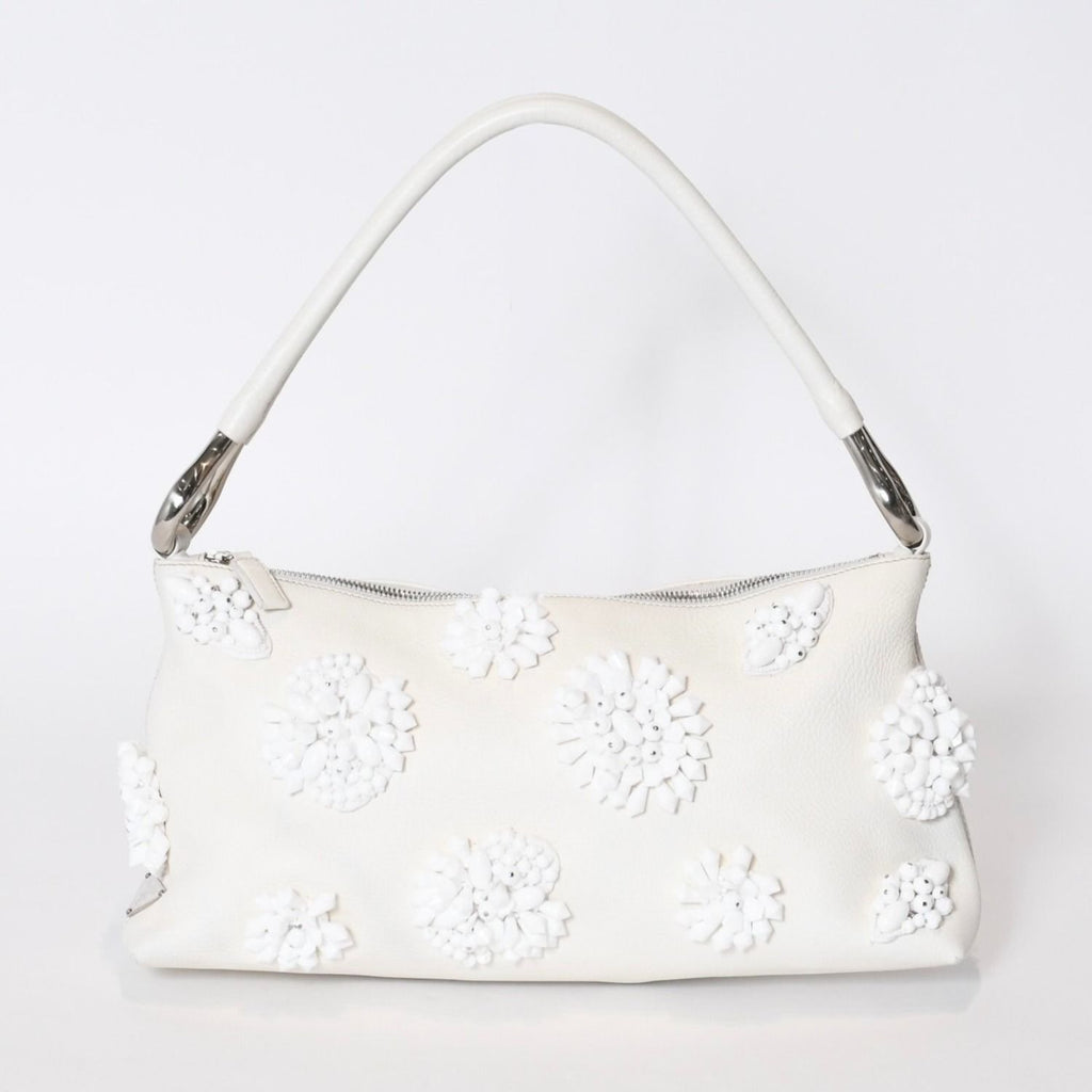 Prada Hobo Handbag Beads Leather White