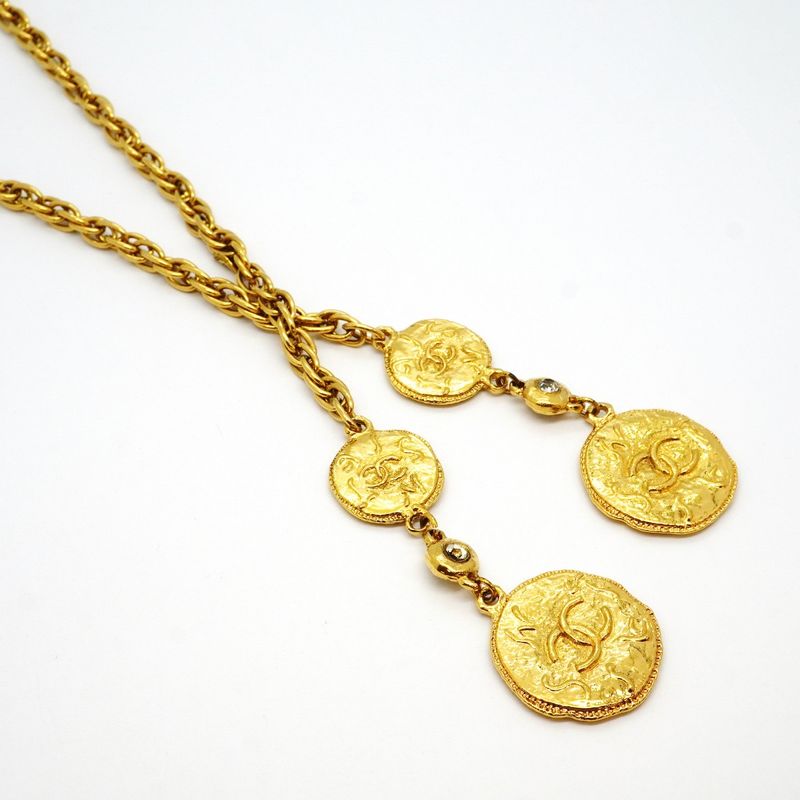 Chanel Necklace Vintage CC Logo Lariat Gold Plated