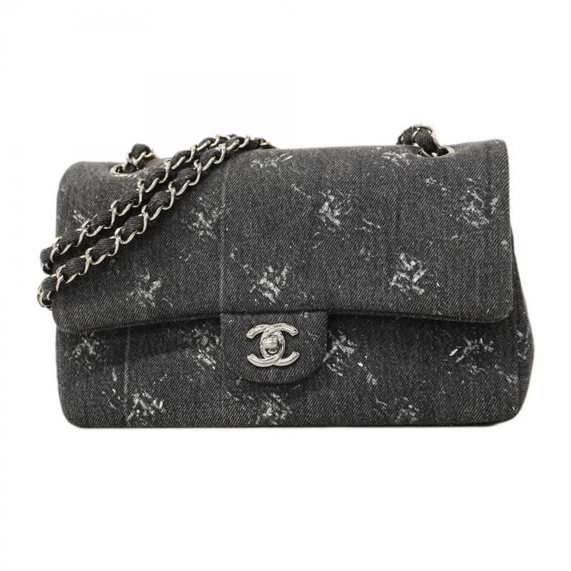 Chanel Shoulder Bag Quilted Denim Black Silver