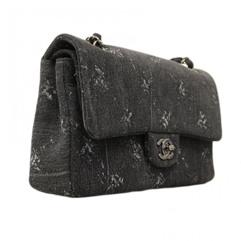 Chanel Shoulder Bag Quilted Denim Black Silver