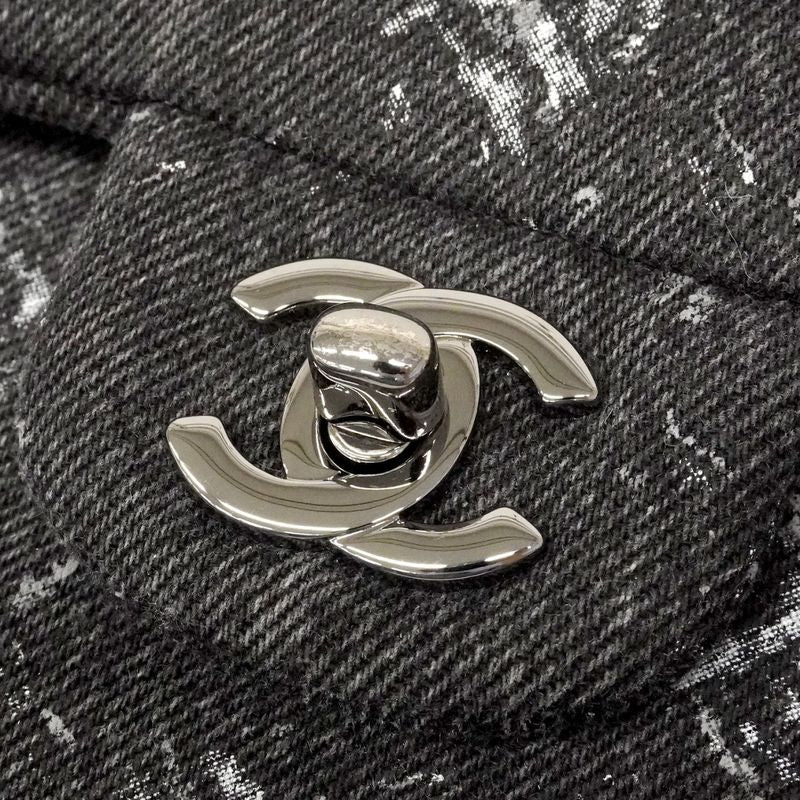 Chanel Shoulder Bag Quilted Denim Black Silver