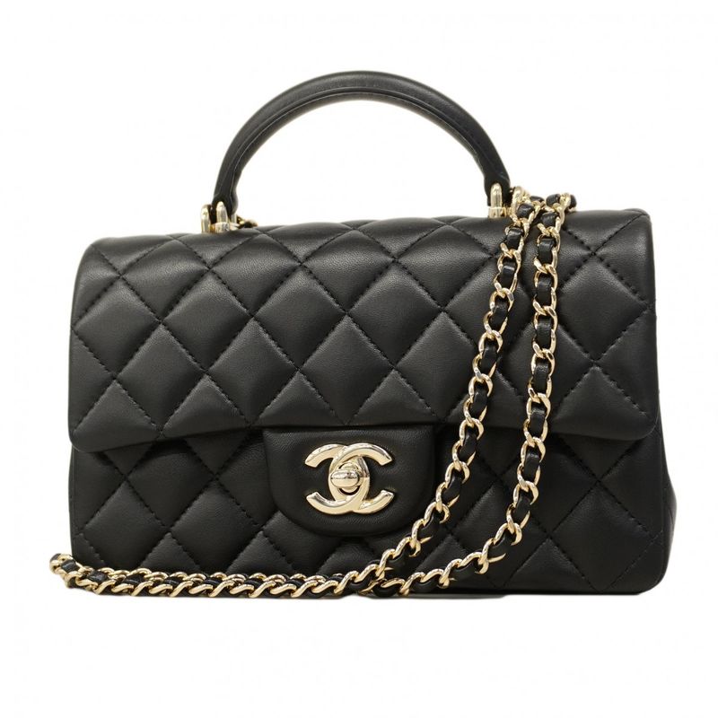 Chanel Handbag Quilted Lambskin Black Champagne Gold 2-Way Bag