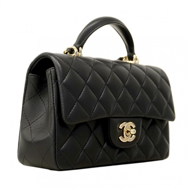 Chanel Handbag Quilted Lambskin Black Champagne Gold 2-Way Bag
