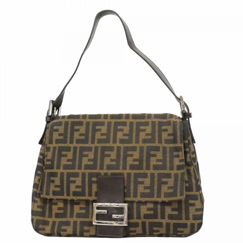 Fendi Handbag Zucca Mamma Bucket Nylon Canvas Brown Silver