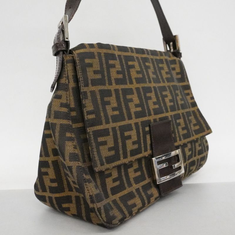 Fendi Handbag Zucca Mamma Bucket Nylon Canvas Brown Silver