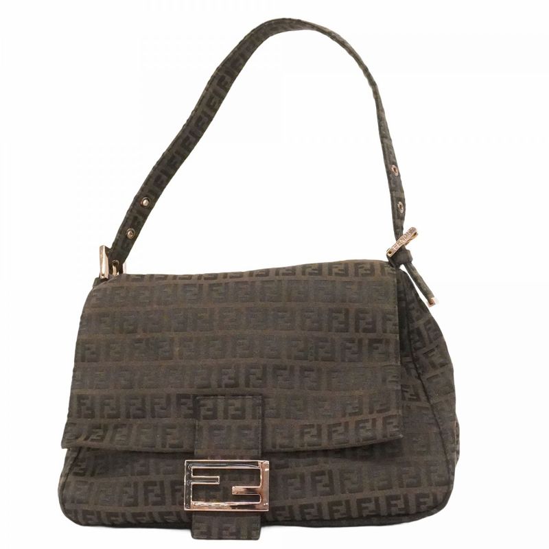 Fendi Handbag Zucchino Mamma Bucket Nylon Canvas Dark Brown Pink Gold