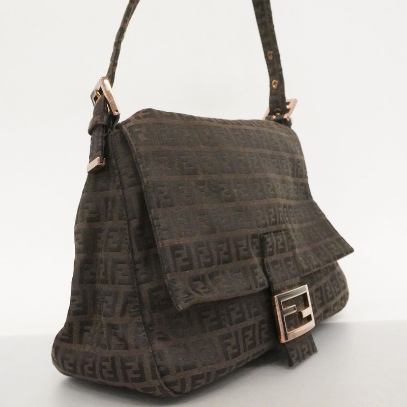 Fendi Handbag Zucchino Mamma Bucket Nylon Canvas Dark Brown Pink Gold