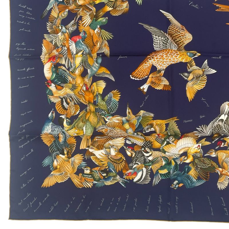 Hermes Scarf Silk Carre 90 L'intrus Intruder Bird Pattern Navy
