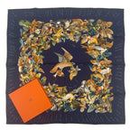 Hermes Scarf Silk Carre 90 L'intrus Intruder Bird Pattern Navy