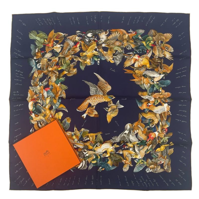Hermes Scarf Silk Carre 90 L'intrus Intruder Bird Pattern Navy