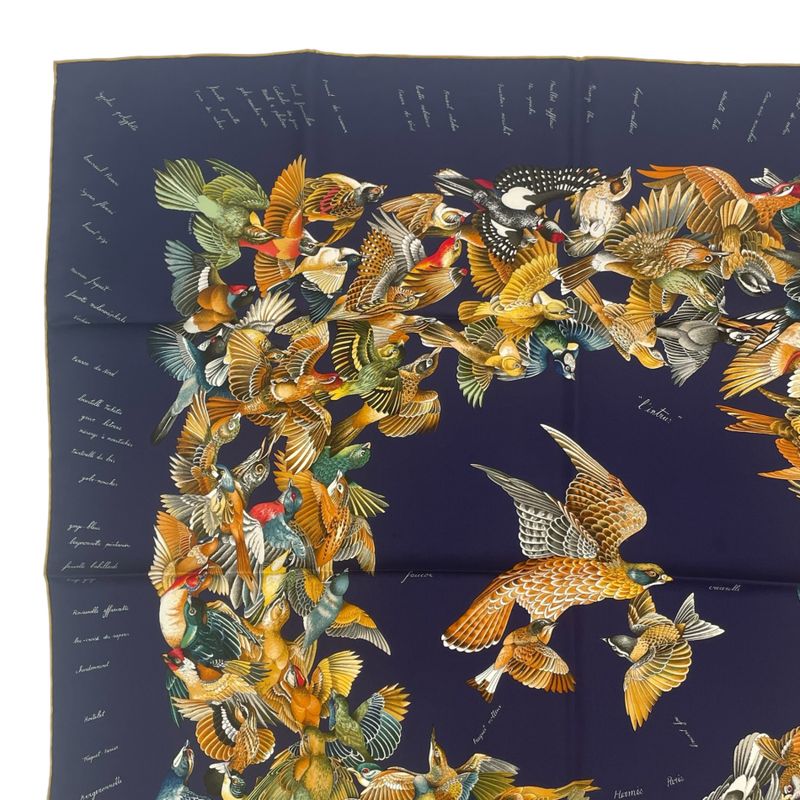 Hermes Scarf Silk Carre 90 L'intrus Intruder Bird Pattern Navy