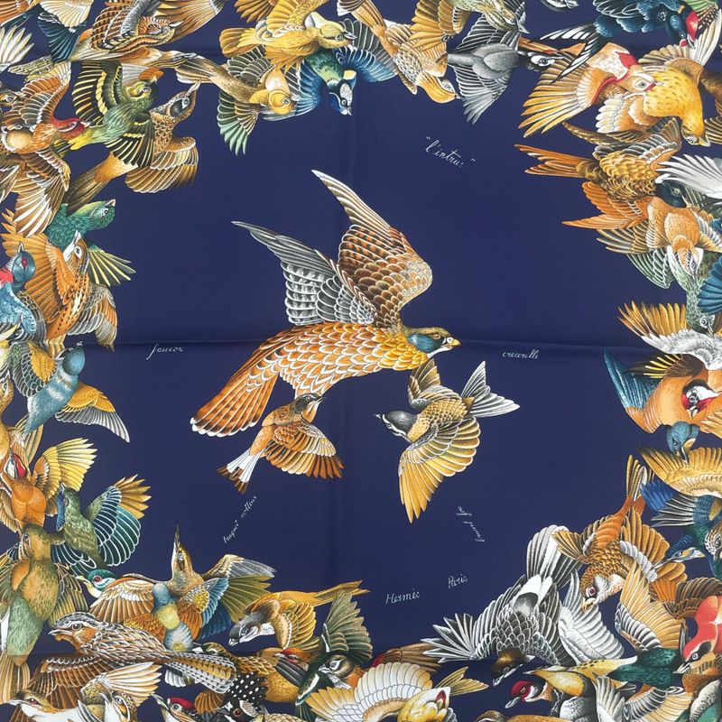 Hermes Scarf Silk Carre 90 L'intrus Intruder Bird Pattern Navy