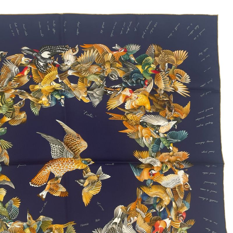 Hermes Scarf Silk Carre 90 L'intrus Intruder Bird Pattern Navy