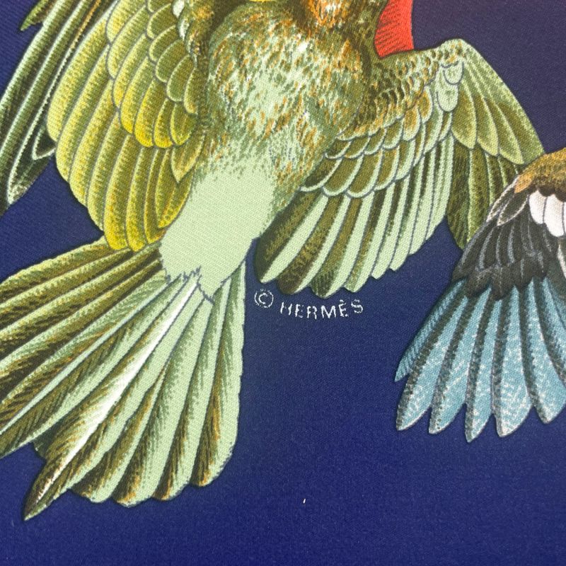 Hermes Scarf Silk Carre 90 L'intrus Intruder Bird Pattern Navy