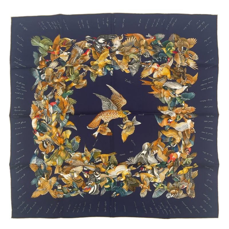 Hermes Scarf Silk Carre 90 L'intrus Intruder Bird Pattern Navy
