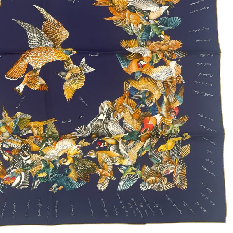 Hermes Scarf Silk Carre 90 L'intrus Intruder Bird Pattern Navy