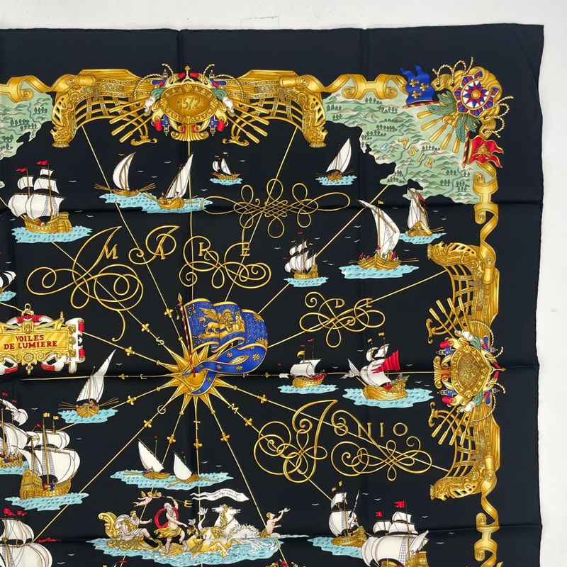 Hermes Scarf Silk Carre 90 Voiles de Lumiere Sailing Ship of Light Black