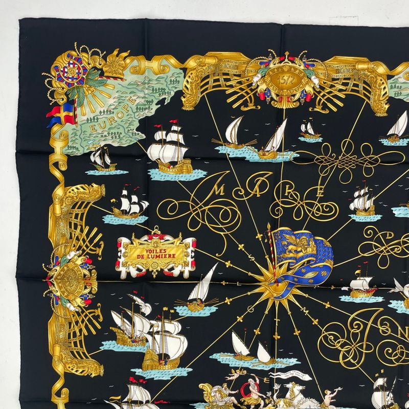Hermes Scarf Silk Carre 90 Voiles de Lumiere Sailing Ship of Light Black
