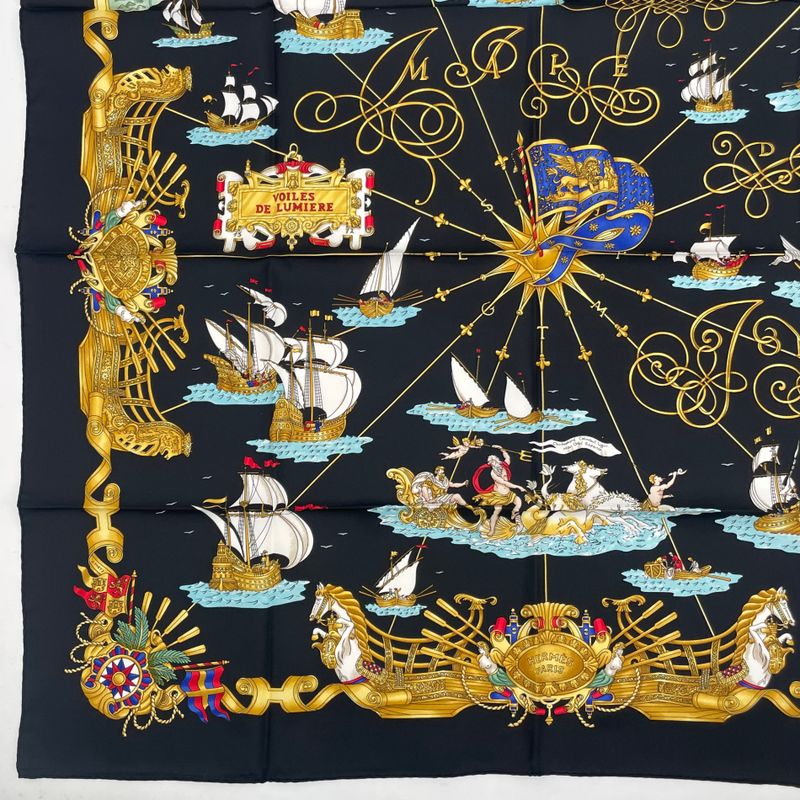 Hermes Scarf Silk Carre 90 Voiles de Lumiere Sailing Ship of Light Black