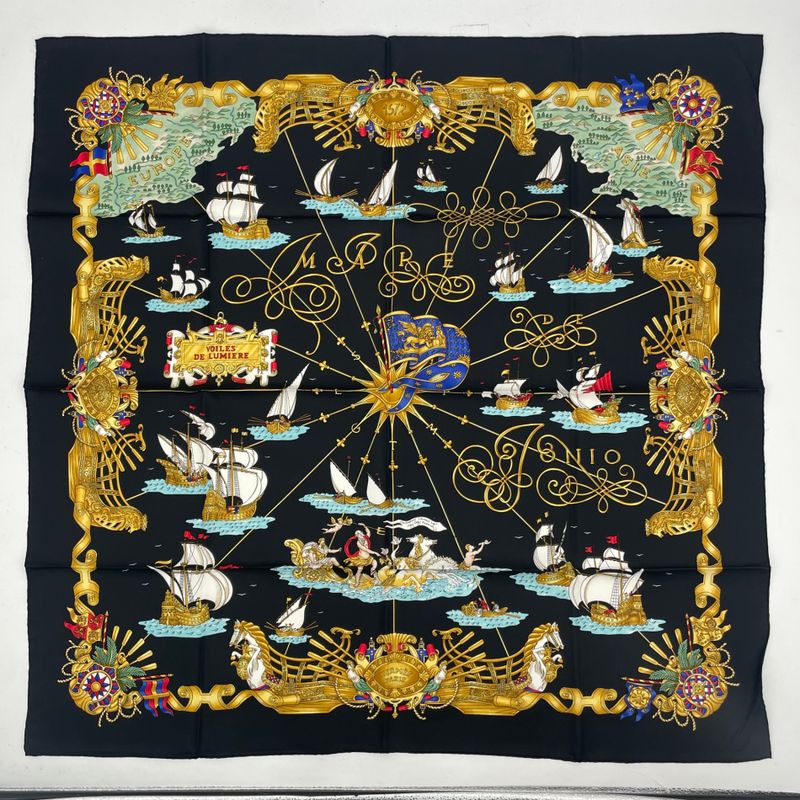 Hermes Scarf Silk Carre 90 Voiles de Lumiere Sailing Ship of Light Black