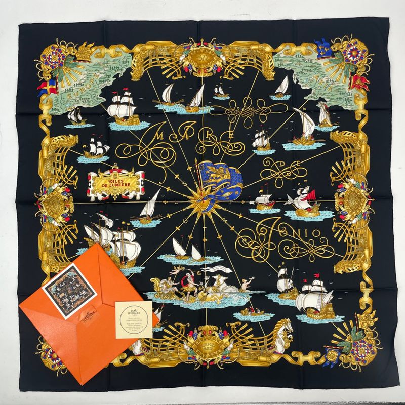 Hermes Scarf Silk Carre 90 Voiles de Lumiere Sailing Ship of Light Black