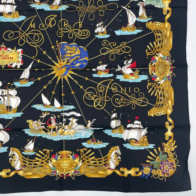Hermes Scarf Silk Carre 90 Voiles de Lumiere Sailing Ship of Light Black