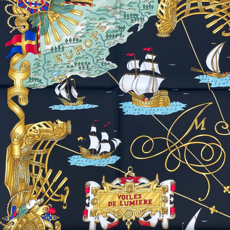 Hermes Scarf Silk Carre 90 Voiles de Lumiere Sailing Ship of Light Black