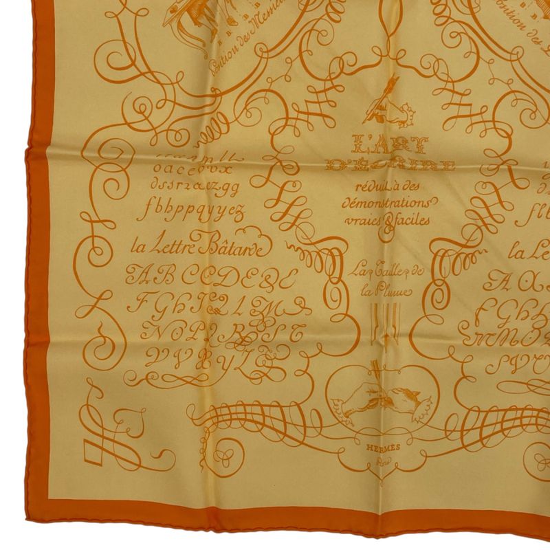 Hermes Scarf Silk Lart Decrire Calligraphy Art Yellow