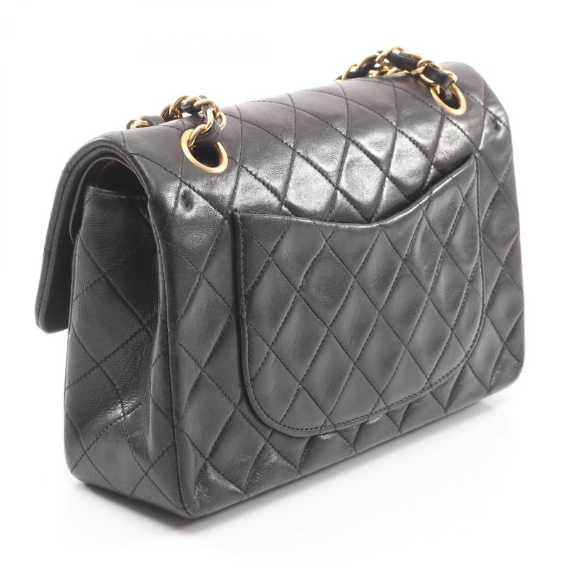 Chanel Shoulder Bag Quilted Double Flap Black Lambskin Chain