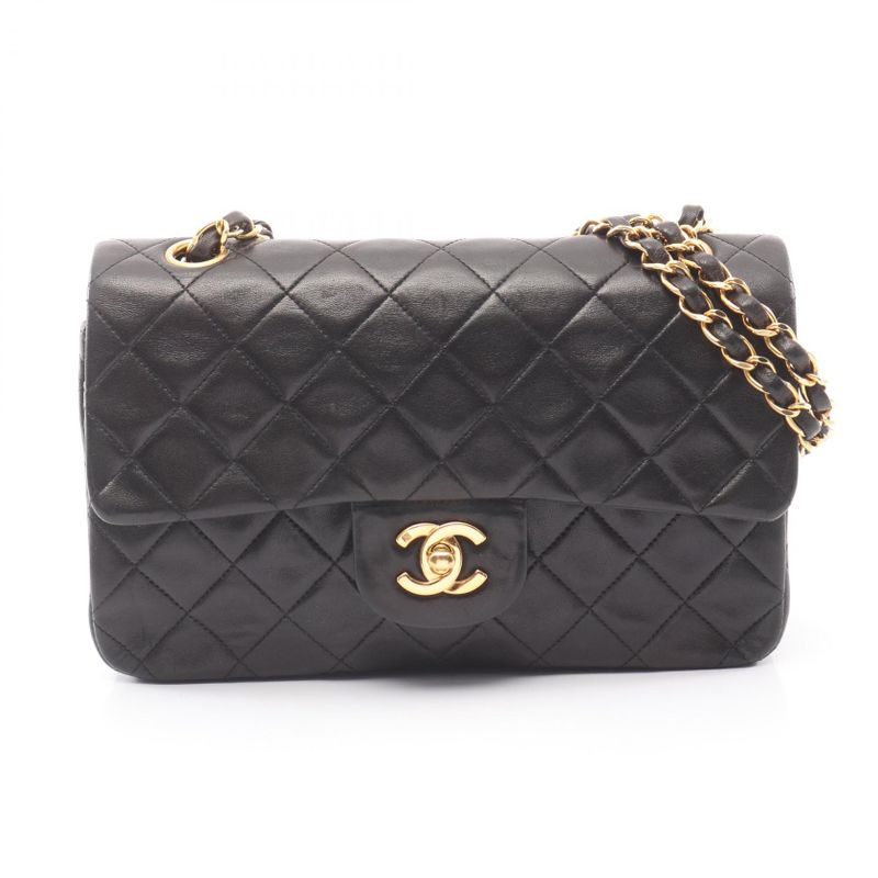 Chanel Shoulder Bag Quilted Double Flap Black Lambskin Chain