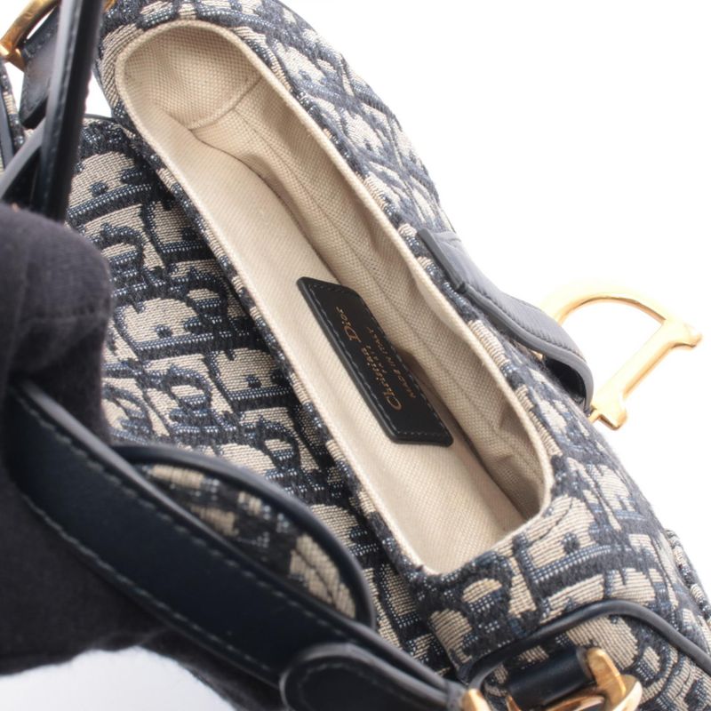 Dior Saddle Bag Mini Oblique Peacock Navy Canvas Leather Navy Beige