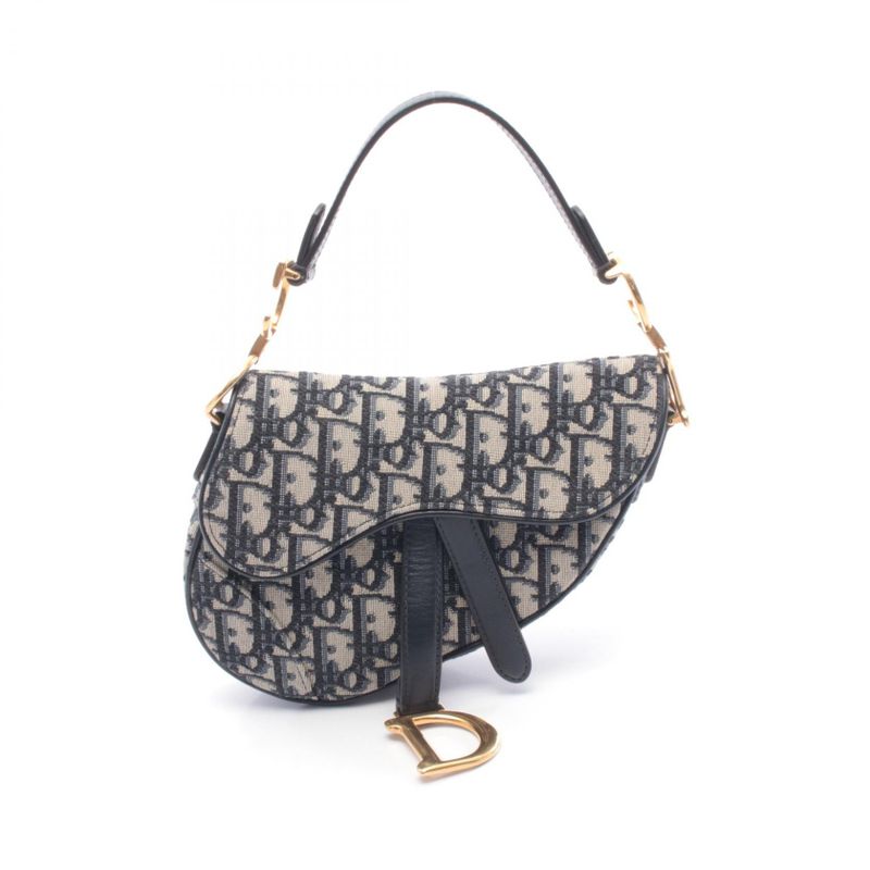 Dior Saddle Bag Mini Oblique Peacock Navy Canvas Leather Navy Beige