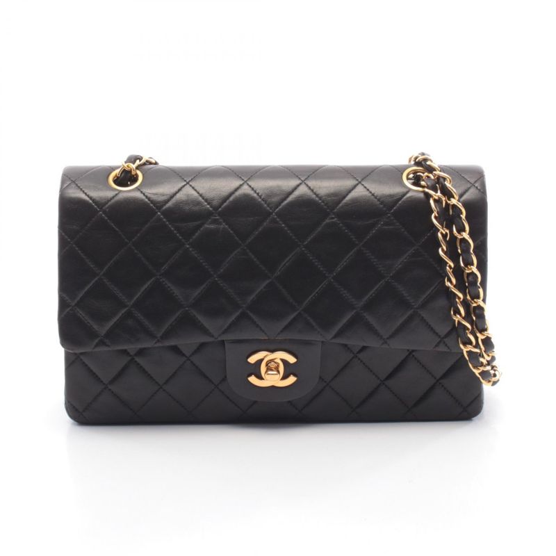 Chanel Shoulder Bag Quilted Double Flap Black Lambskin Chain