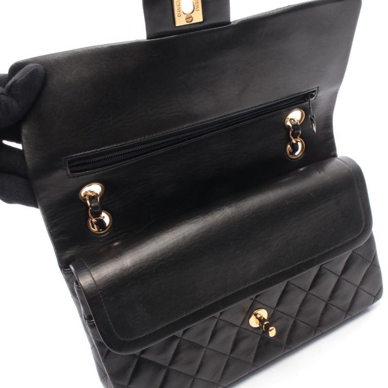 Chanel Shoulder Bag Quilted Double Flap Black Lambskin Chain