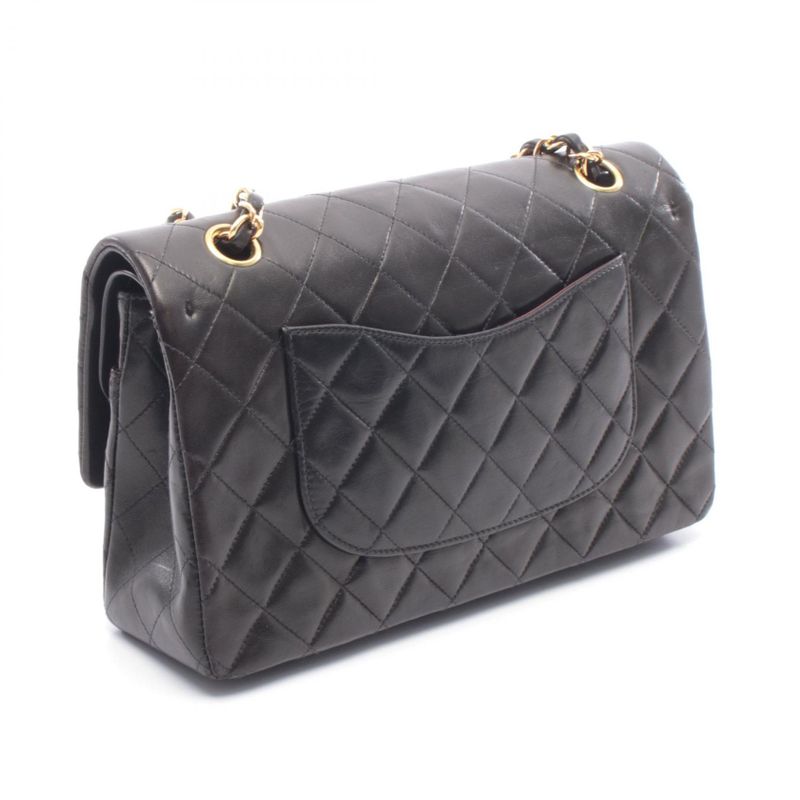 Chanel Shoulder Bag Quilted Double Flap Black Lambskin Chain