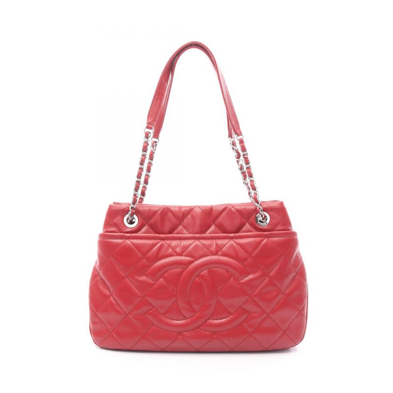 Chanel Tote Quilted Red Leather CC Logo Chainto