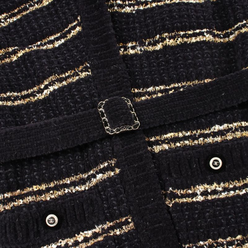 Chanel CC Logo Button Knit Wool Coat Navy White