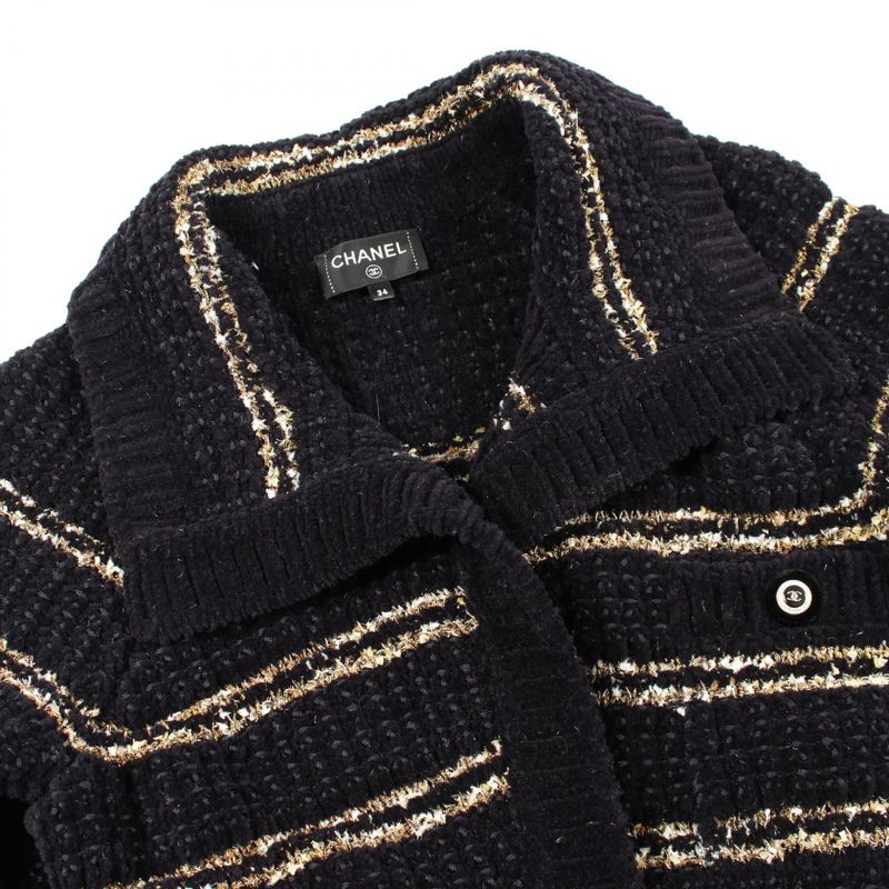 Chanel CC Logo Button Knit Wool Coat Navy White