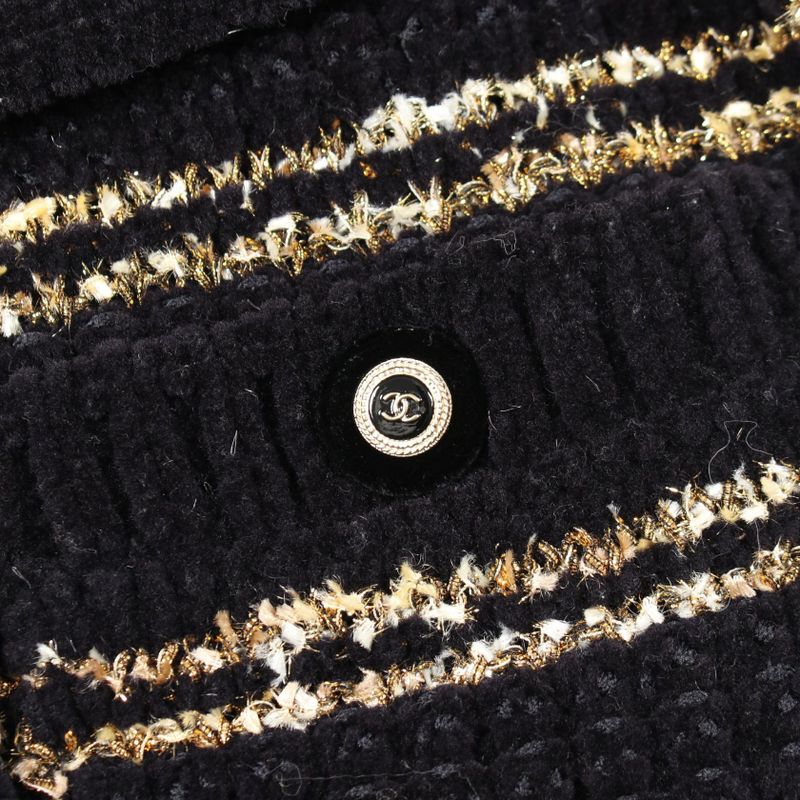 Chanel CC Logo Button Knit Wool Coat Navy White