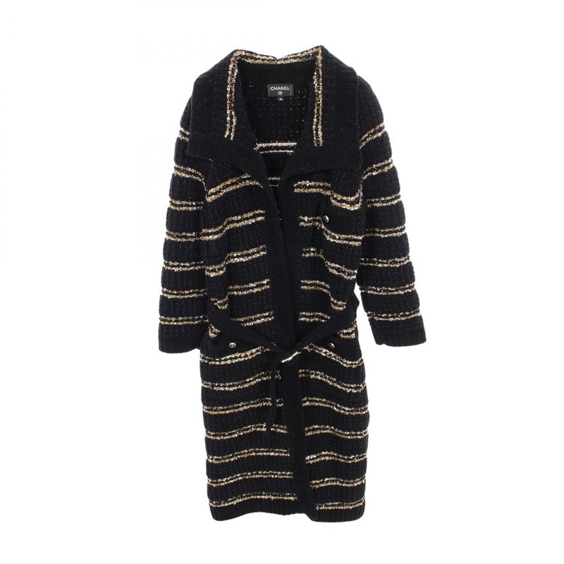 Chanel CC Logo Button Knit Wool Coat Navy White