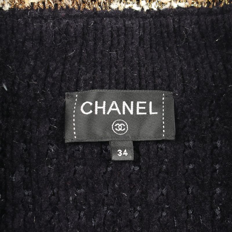 Chanel CC Logo Button Knit Wool Coat Navy White