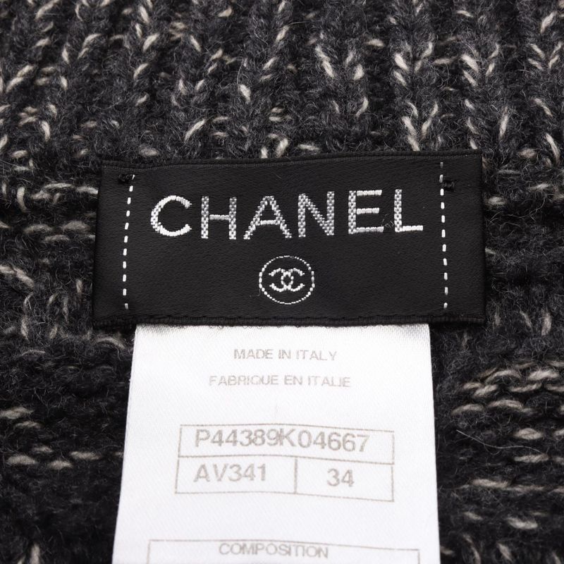 Chanel CC Logo Button Knit Cashmere Coat Gray White