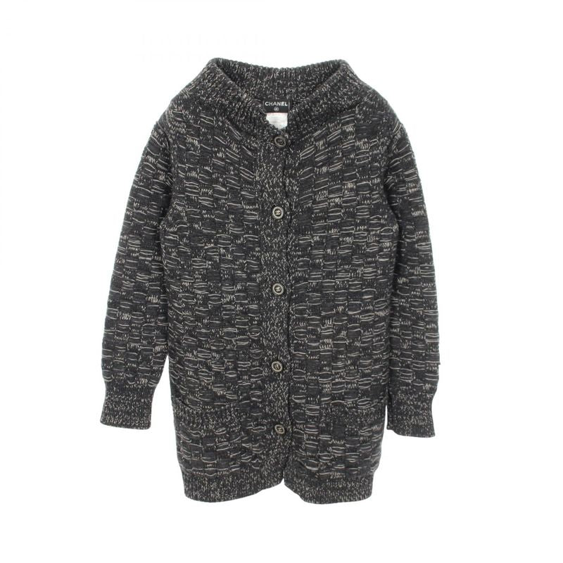 Chanel CC Logo Button Knit Cashmere Coat Gray White