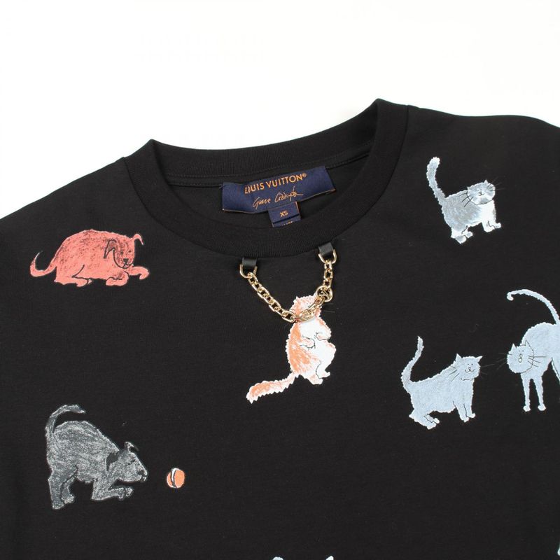 Louis Vuitton Short Sleeve T-Shirt Cat and Dog Uol Cotton Black Multicolor