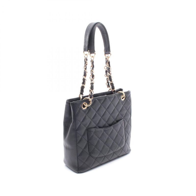 Chanel Tote Quilted Petite Shopping PST Black Leather Calf Chain