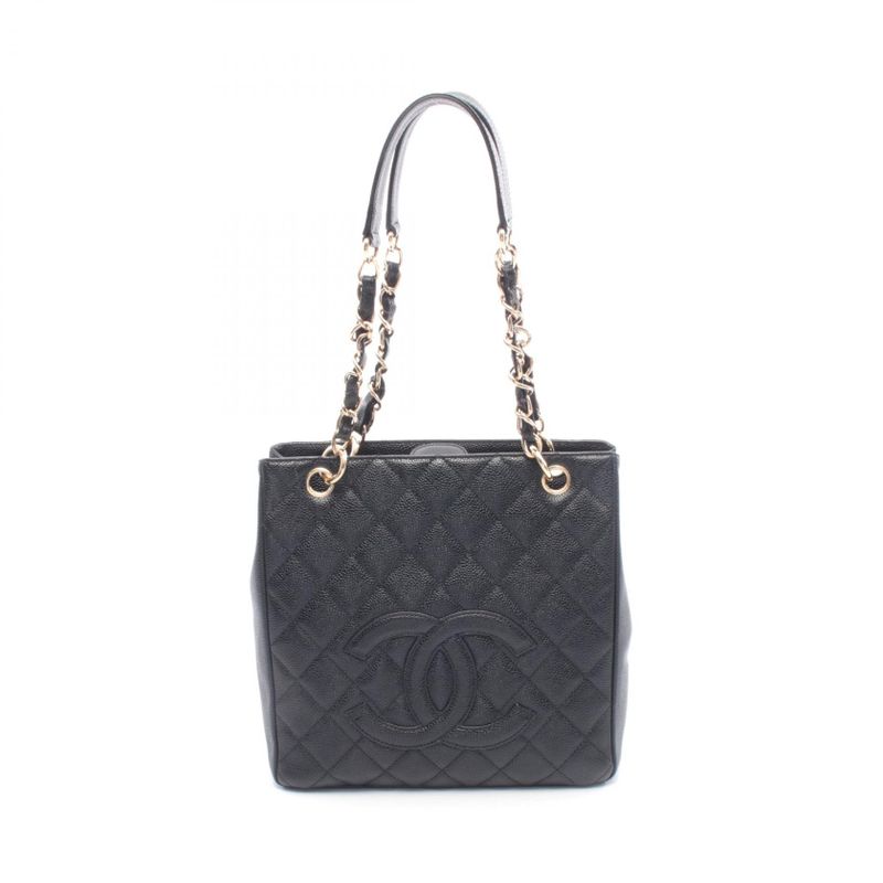 Chanel Tote Quilted Petite Shopping PST Black Leather Calf Chain