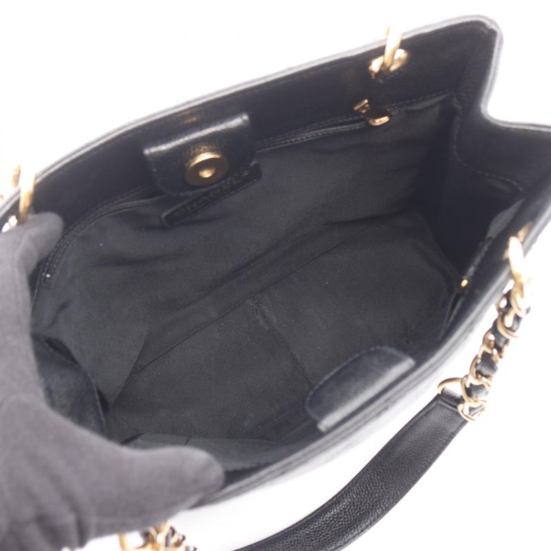 Chanel Tote Quilted Petite Shopping PST Black Leather Calf Chain